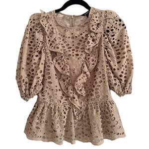 Express Eyelet Puff Sleeve Tan Blouse Small Earthy Size Small